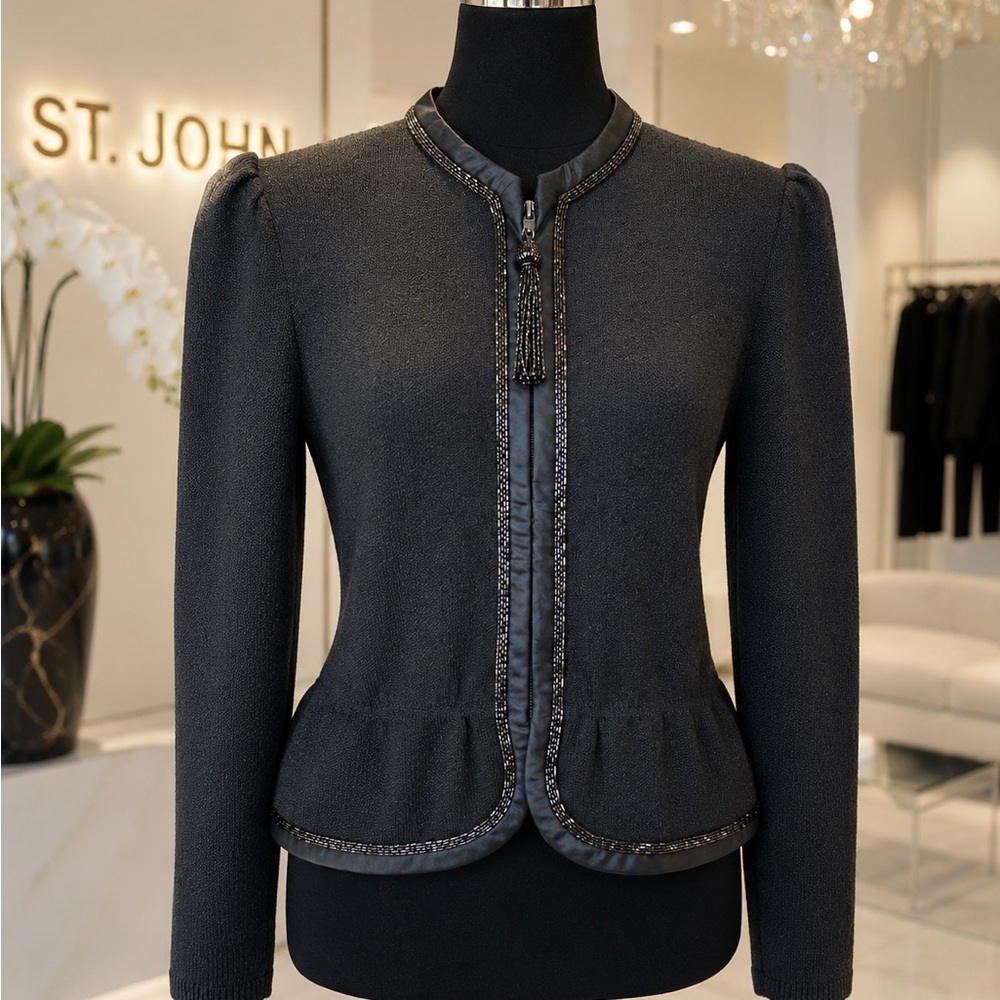 Vintage St. John Marie Gray Black Beaded Santana Knit Sweater Jacket Size 6